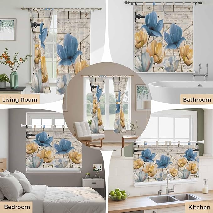 Blue Yellow Tulips Kitchen Curtains 36 Inch Length, Small Window Curtains Tab - Image 7