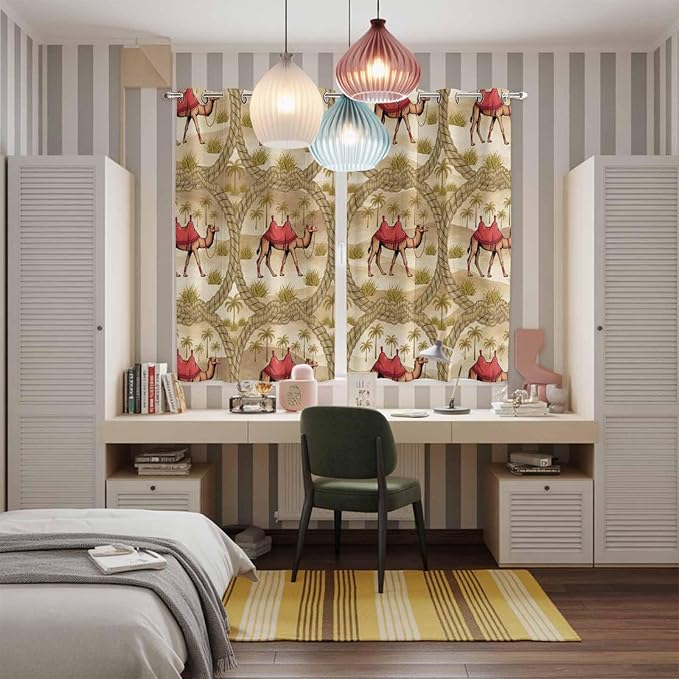 2 Panel Kitchen Cafe Curtains, Desert Camels Sunlight Filtering Nature Air - Image 5