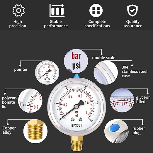 0-15 Psi Glycerin Liquid Filled Low Pressure Gauge, 2.5" Dial Size, 1/4" NPT - Image 3