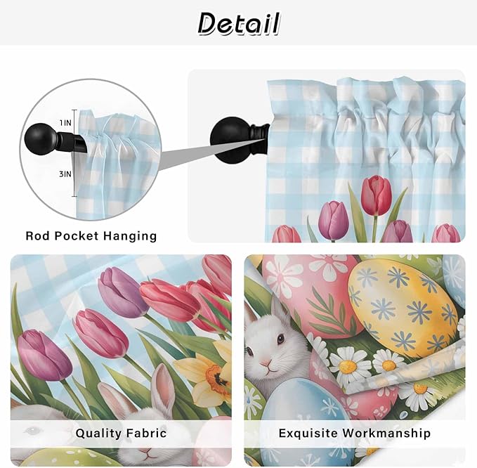 Easter Kitchen Tier Curtains 36 Inch Long 2 Panel Set, Rod Pocket Half Window - Image 9