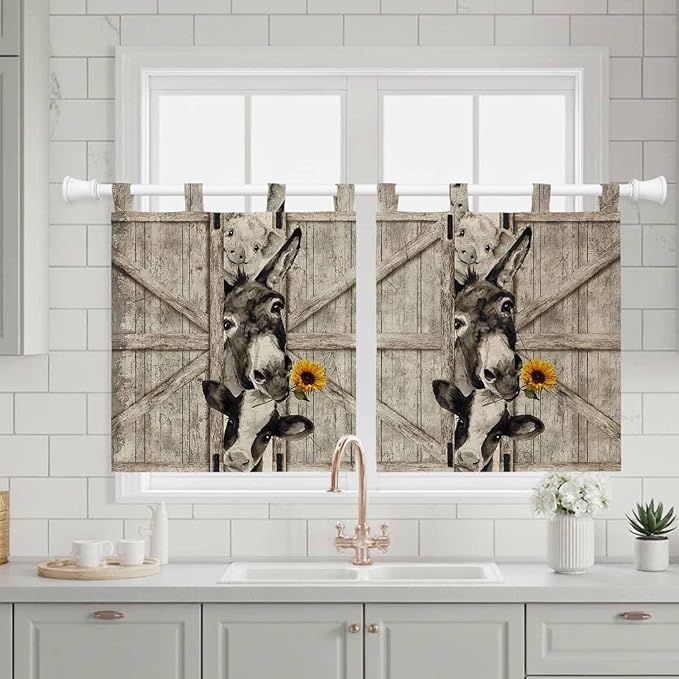 Funny Farm Animals Kitchen Curtains 36 Inch Length, Small Window Curtains Tab - Image 3