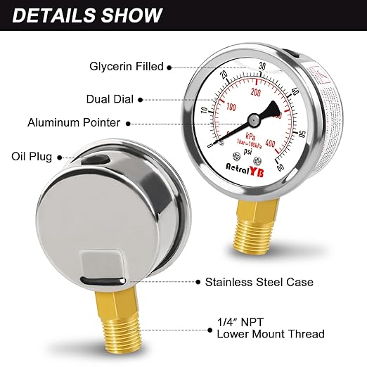 0-60 Psi Glycerin-Filled Pressure Gauge, 2-Inch Gauge, Stainless Steel - Image 4