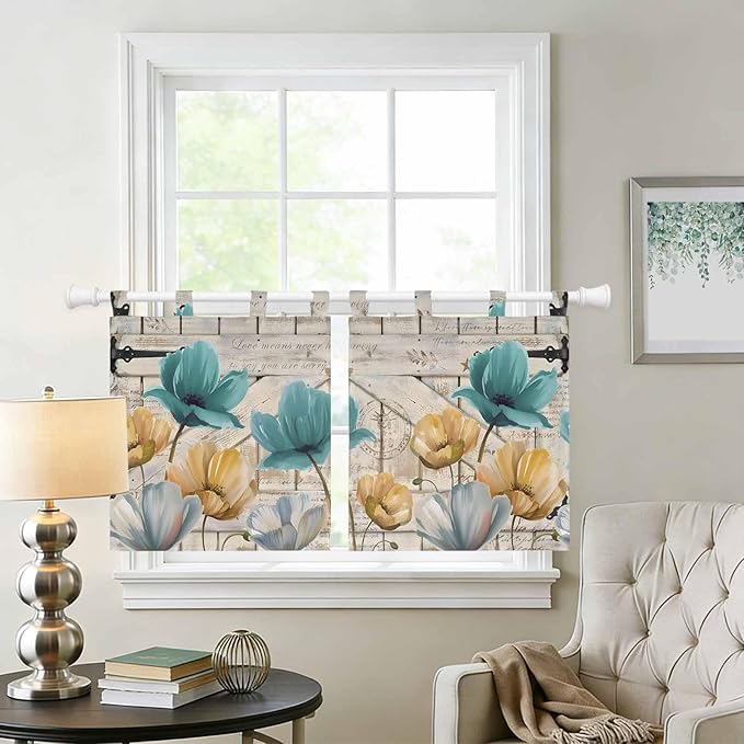 Watercolor Flowers Kitchen Curtains 24 Inch Length, Small Window Curtains Tab - Image 2