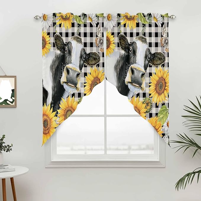 Retro Sunflowers Swag Valances for Windows, Farmhouse Floral Cow Butterfly - Image 3