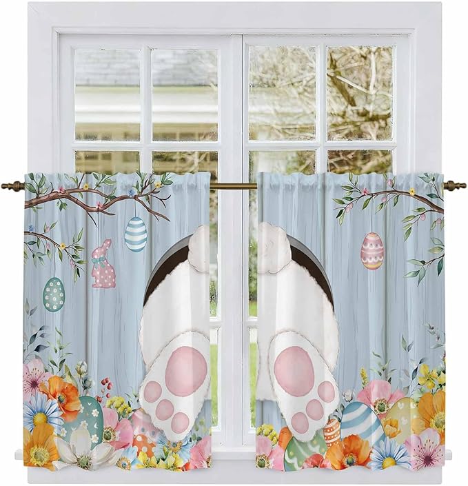 Easter Kitchen Tier Curtains 45 Inch Long 2 Panel Set, Rod Pocket Short Window - Image 2