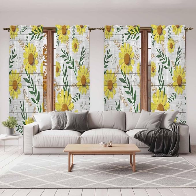 Yellow Daisy Kitchen Curtains, Farmhouse Country Flower Leaf Plant Wood Grain - Image 7