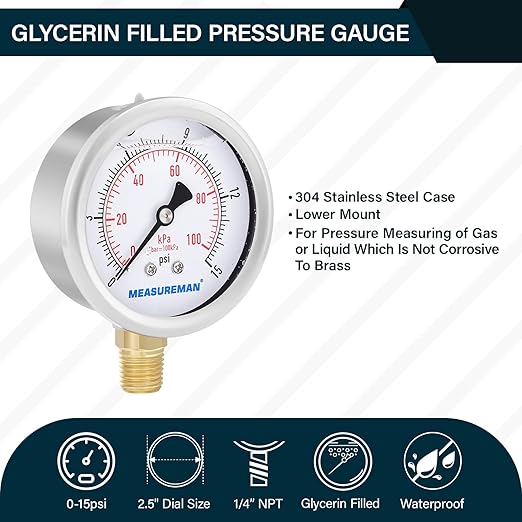 MEASUREMAN 2-1/2inch Dial Size, Glycerin Filled Pressure Gauge, 0-15psi/100kpa - Image 2
