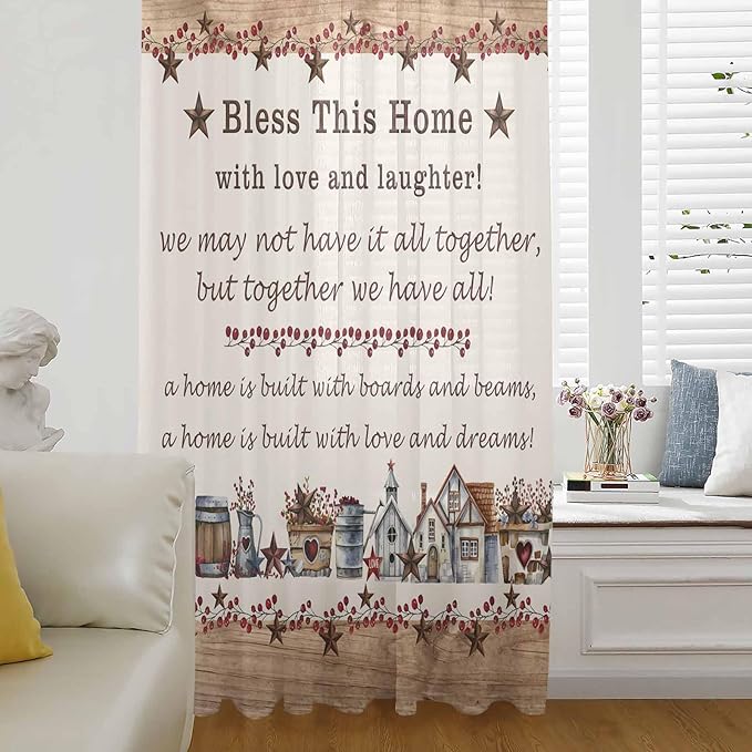 Farmhouse Sheer Curtains 84 Inch Length Country Star Barn Berry Brown Wood by Unknown