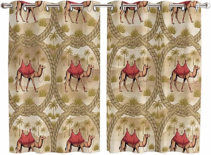 2 Panel Kitchen Cafe Curtains, Desert Camels Sunlight Filtering Nature Air by Hokiten