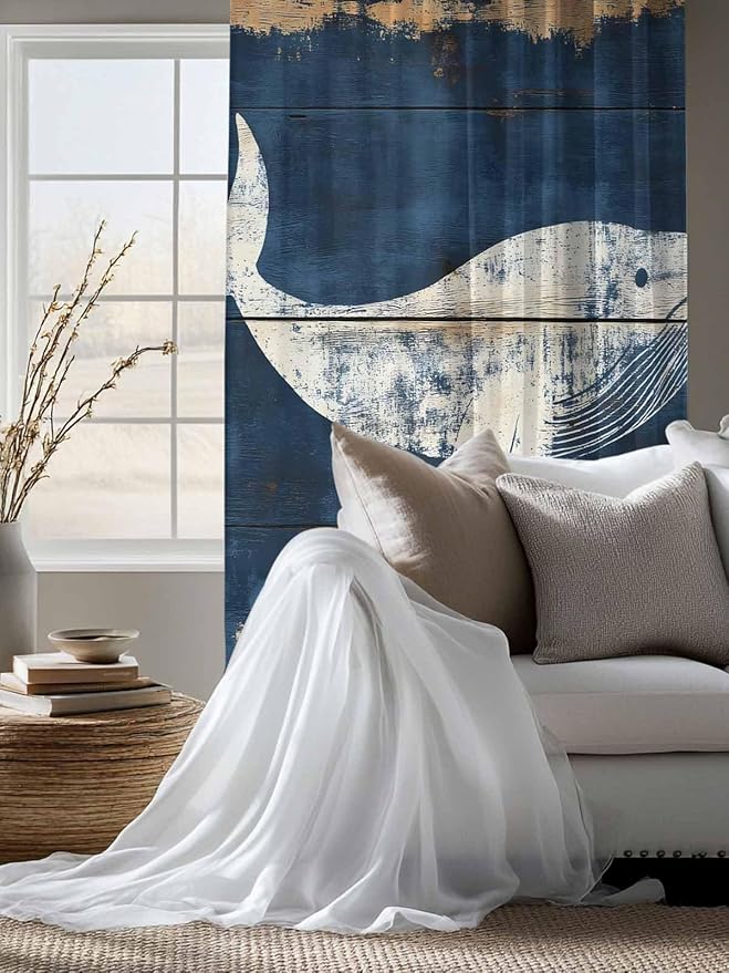 Sheer Curtains 72 Inches Long, Ocean Whale Blue Semi Sheer Curtains Light - Image 4