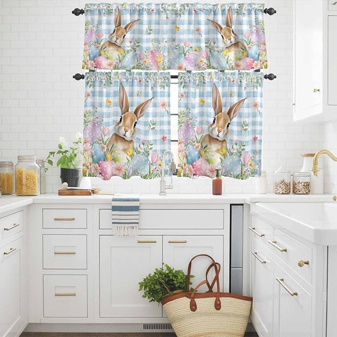 Kitchen Curtains Tiers and Valance Set of 3, Easter Light Filtering Window - Image 3