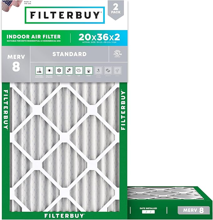 Filterbuy 20x36x2 Air Filter MERV 8 Essential Dust & Allergy Defense, by Filterbuy