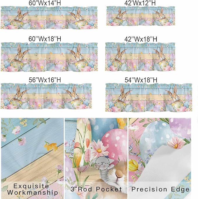 Kitchen Valances for Window, Spring Easter Eggs Rabbit Flower Light Filtering - Image 2