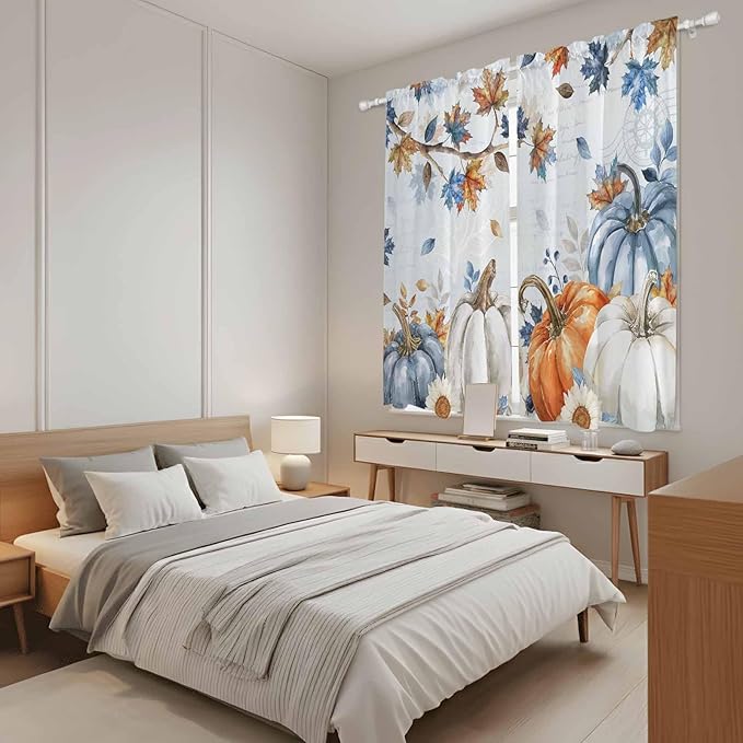 Fall Blue Maple Window Curtains 63 Inch Long 2 Panel Set, Rod Pocket Bedroom - Image 4