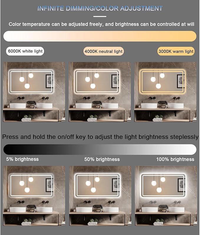 Smart Lighted Bathroom Mirror for Wall，Illuminated LED Bathroom Mirror，Lighted - Image 3