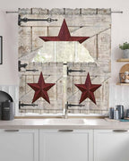 Village Stars Swag Kitchen Curtains Valance and Tier Set, Vintage Dark Red Star - Image 2