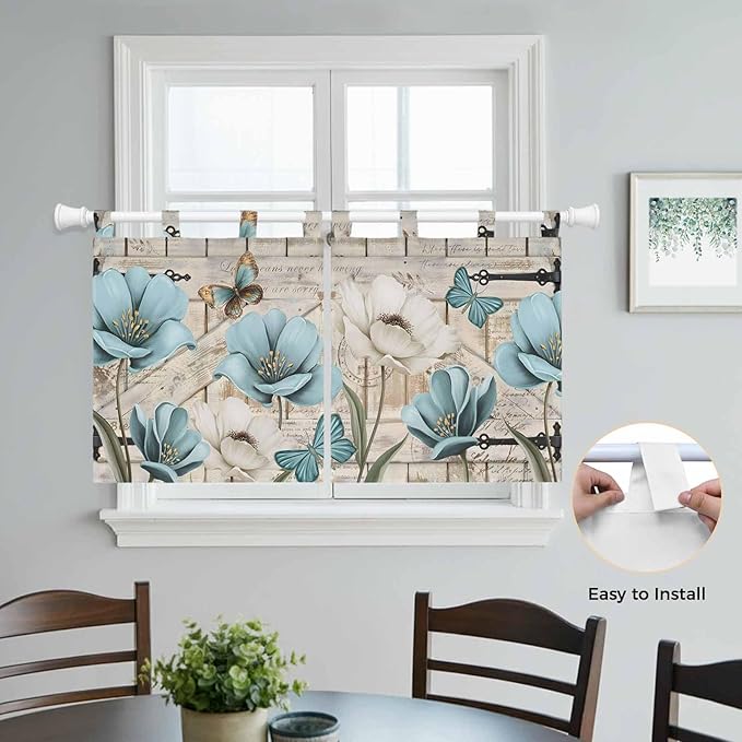 Teal Blue Tulips Kitchen Curtains 24 Inch Length, Small Window Curtains Tab Top - Image 4