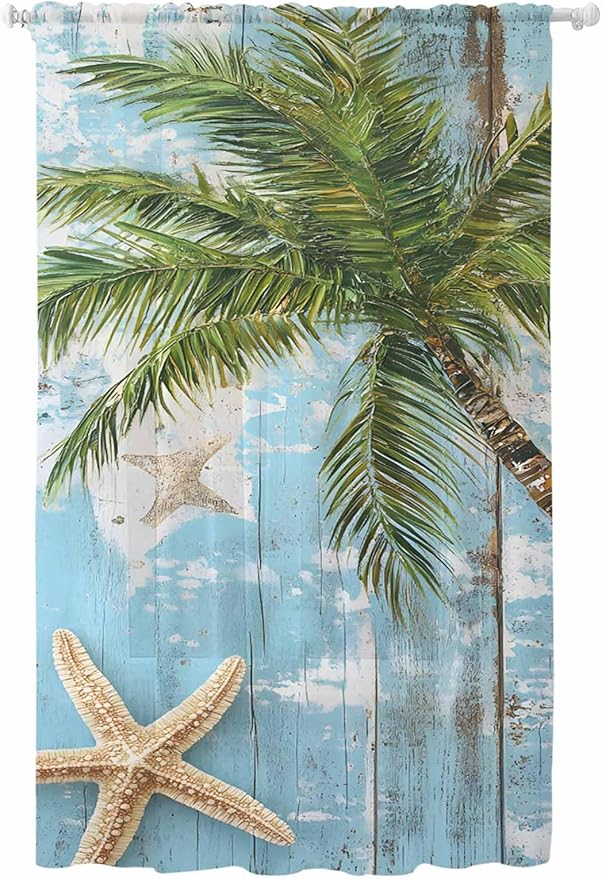 Sheer Curtains 108 Inches Long, Coastal Beach Blue Semi Sheer Curtains Light by Unknown