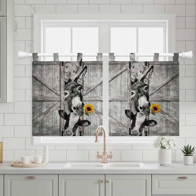 Funny Farm Animals Kitchen Curtains 24 Inch Length, Small Window Curtains Tab - Image 3