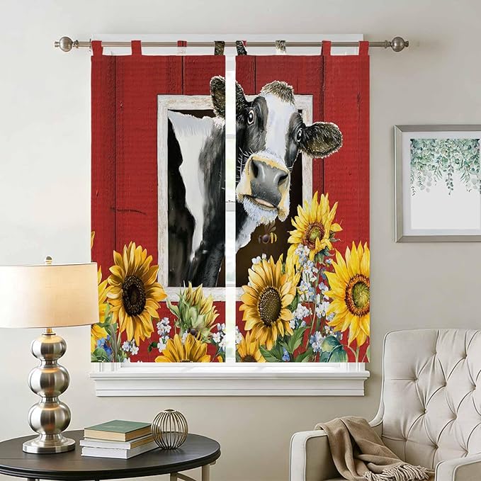 Cows Sunflowers Bedroom Curtains 72 Inch Length, Window Curtains Tab Top - Image 2