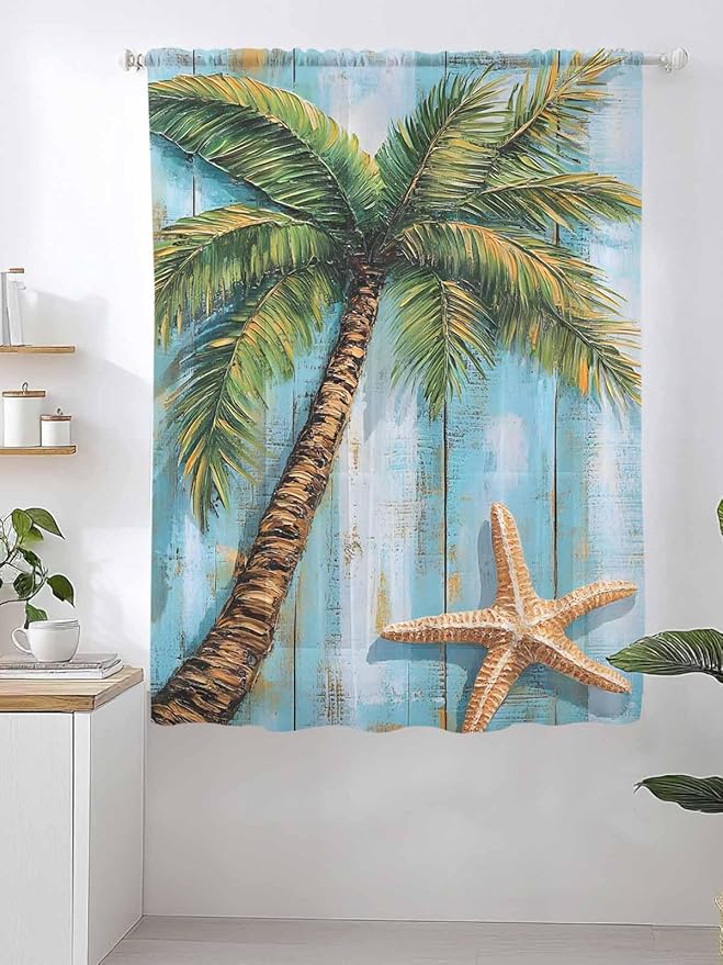 Sheer Curtains 63 Inch Length, Coastal Beach Tree Semi Sheer Curtains Light - Image 2