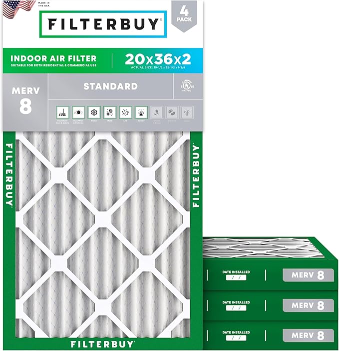 Filterbuy 20x36x2 Air Filter MERV 8 Essential Dust & Allergy Defense, by Filterbuy