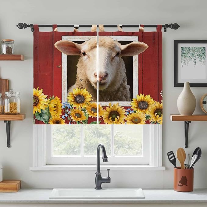 Sheep Sunflower Bedroom Curtains 63 Inch Length, Window Curtains Tab Top - Image 3
