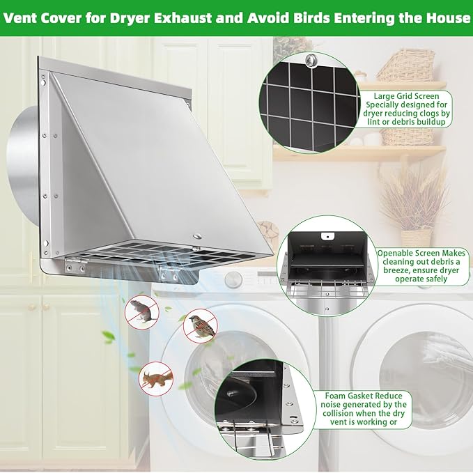6 Inch Wall Vent with Screen and Damper, 304 Stainless Steel Outdoor Wall - Image 3