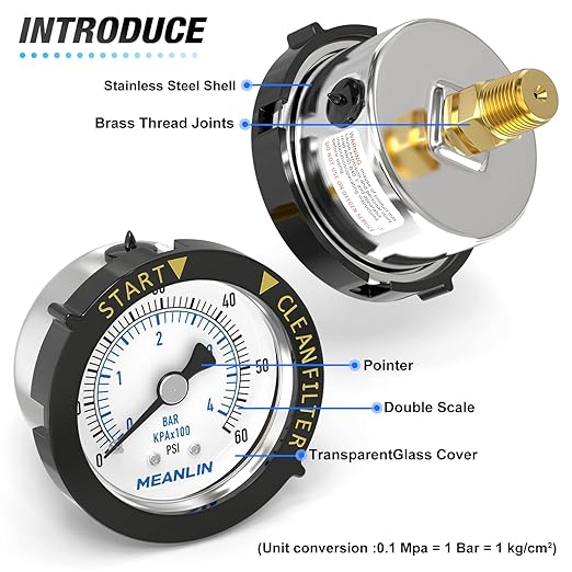 MEANLIN MEASURE 0~60Psi Stainless Steel Start and Clean Filter Pressure Gauge - Image 3
