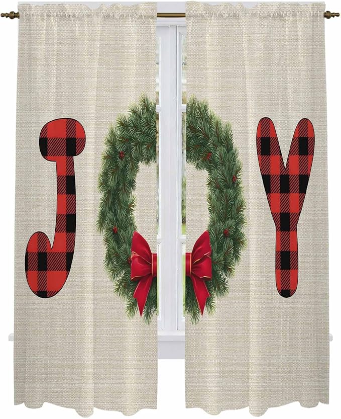 Red Green Christmas Window Curtains 72 Inch Long 2 Panel Set, Rod Pocket Long - Image 2