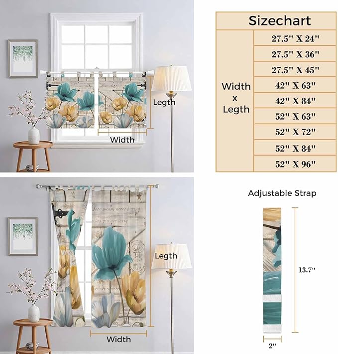 Watercolor Flowers Bathroom Curtains 63 Inch Length, Window Curtains Tab Top - Image 8