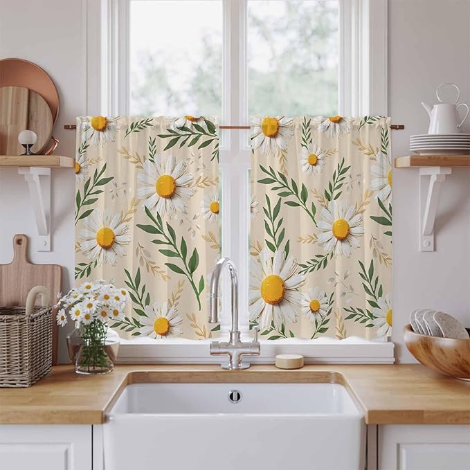 Spring Daisy Tier Curtains, Country Watercolor Flower Leaf Plant Light - Image 2