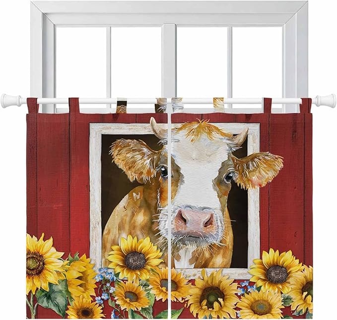 Cows Sunflowers Bedroom Curtains 63 Inch Length, Window Curtains Tab Top by Unknown