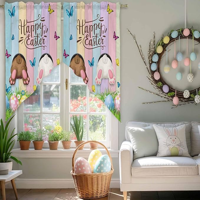 Swag Curtain Valances for Kitchen Windows, Happy Easter Rabbit Butt Egg on - Image 5