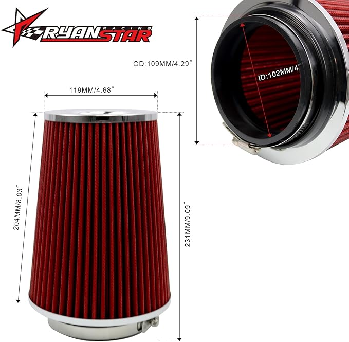 RYANSTAR RACING 102mm 4" High Flow Round Tapered Cone Cool Air Filter Cleaner - Image 2