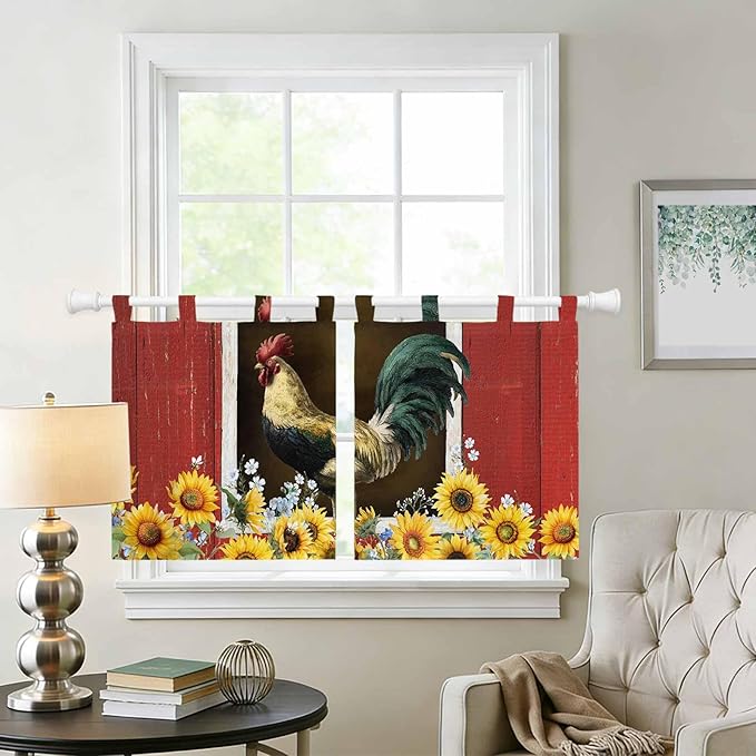 Chicken Sunflowers Kitchen Curtains 36 Inch Length, Small Window Curtains Tab - Image 2