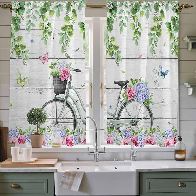 Spring Kitchen Curtains, Bicycles Botanical Rose Leaves Butterfly Wood Grain - Image 2