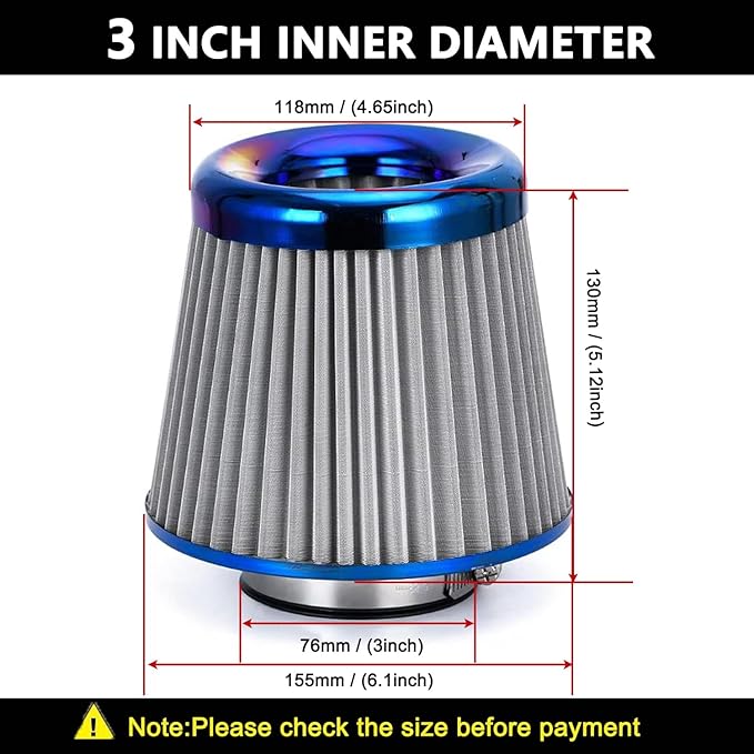 Cold Air Intake Filter, High Performance, Washable Filter, Clamp-On Replacement - Image 2