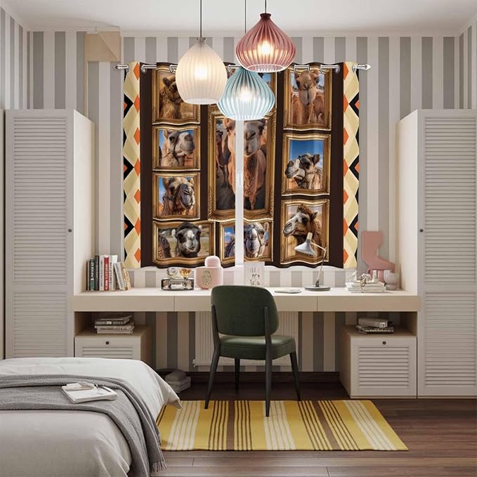 2 Panel Kitchen Cafe Curtains, Wildlife Camels Sunlight Filtering Nature Air - Image 5
