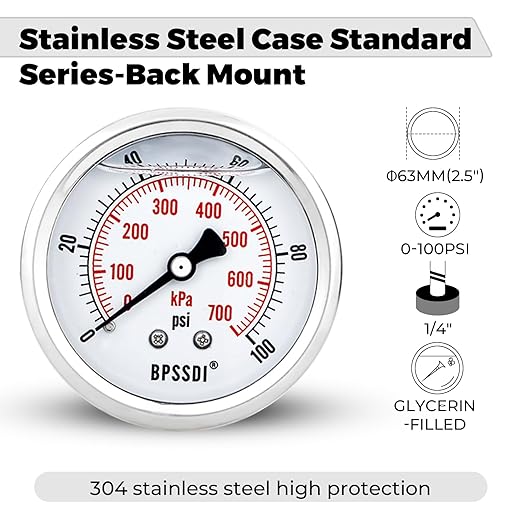 0-100Psi Glycerin Liquid Filled Low Pressure Gauge, 2.5" Dial Size, 1/4" G Back - Image 4