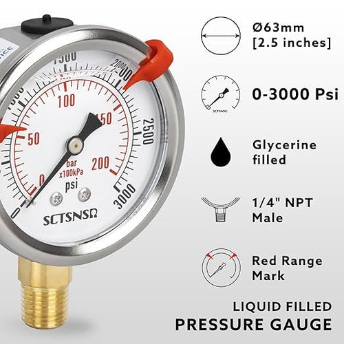 0 to 3000 Psi Pressure Gauge, Glycerin Liquid Filled, 2.5 inch Dial, 1/4" NPT - Image 2