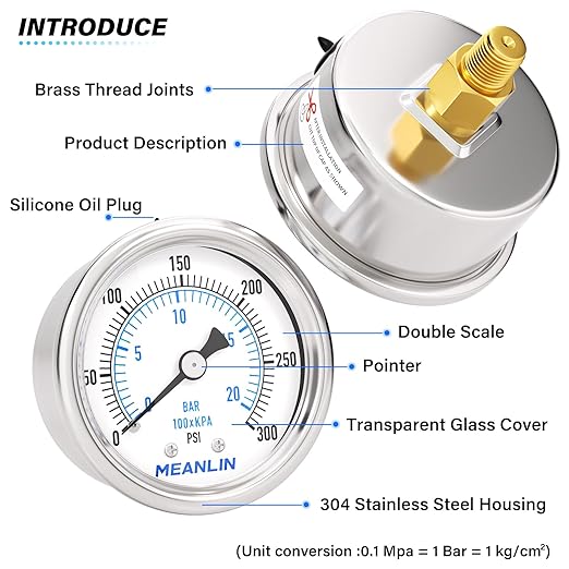 MEANLIN MEASURE 0~300Psi Dry Pressure Gauge Stainless Steel 1/8" NPT 2" FACE - Image 4