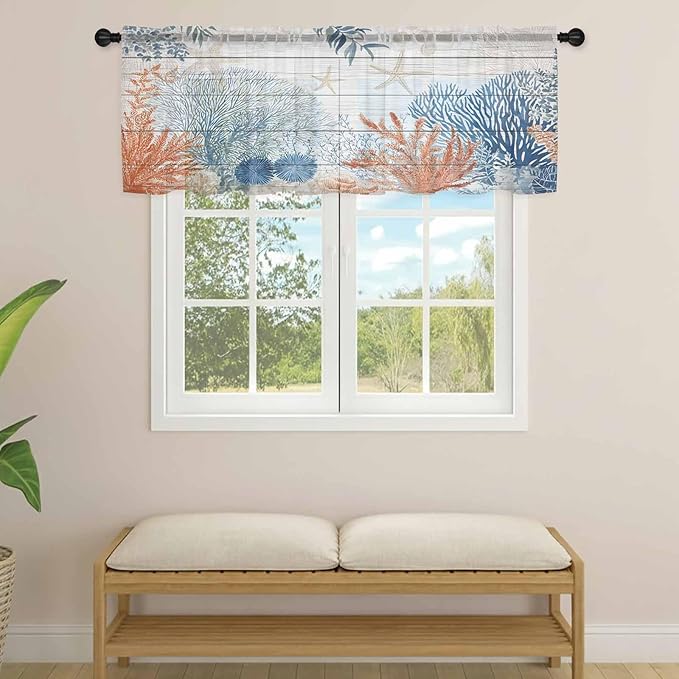 Ocean Corals Sheer Valance Curtains, Summer Beach Coral Sea Stars Wood Grain - Image 4