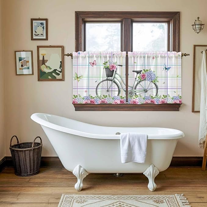 Spring Tier Curtains, Bicycles Botanical Leaves Rose Colorful Stripes Light - Image 5