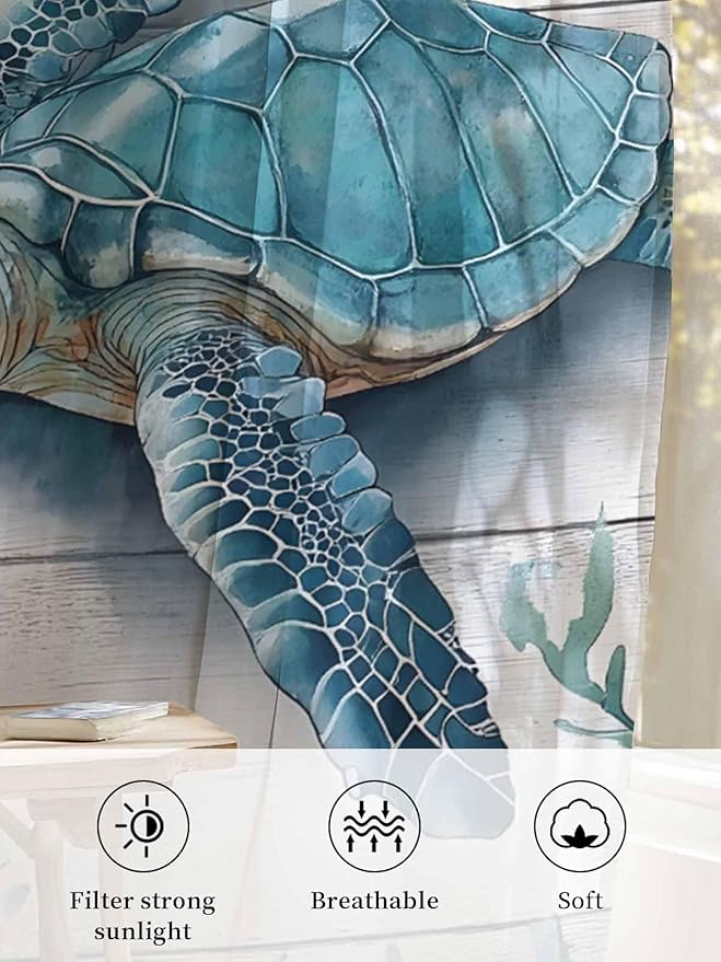 Sheer Curtains 63 Inch Length, Teal Green Sea Turtle Semi Sheer Curtains Light - Image 6