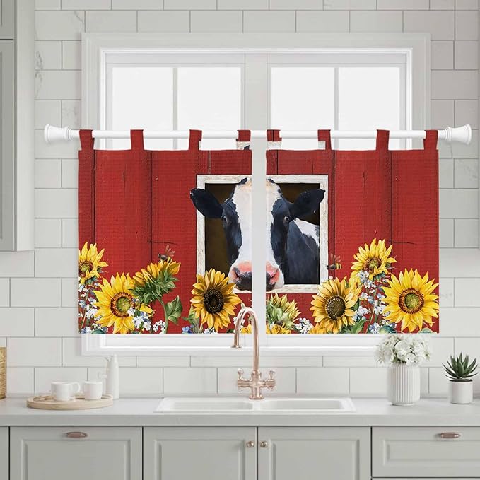 Cow Sunflowers Kitchen Curtains 36 Inch Length, Small Window Curtains Tab Top - Image 3