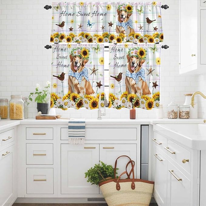 Kitchen Curtains Tiers and Valance Set of 3, Sunflowers Dog Light Filtering - Image 3