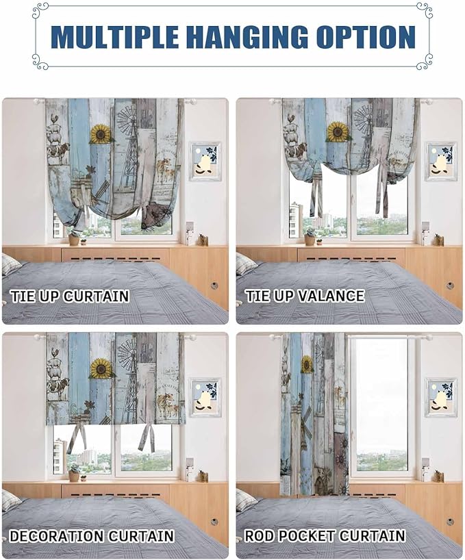 Tie Up Curtains for Windows, Farmhouse Barn Sunflowers Retro Thermal Insulated - Image 5