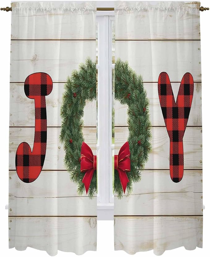 Christmas Wreaths Window Curtains 72 Inch Long 2 Panel Set, Rod Pocket Long - Image 2