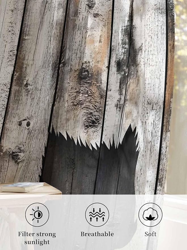 Sheer Curtains 45 Inch Length, Farmhouse Country Vintage Wood Grain Privacy - Image 6